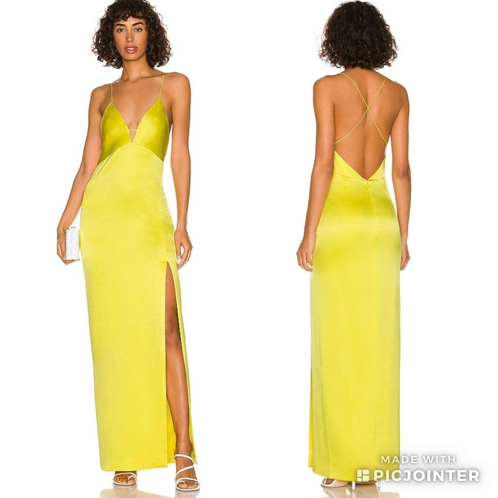 Alice + Olivia Dakota Bias Slip Gown Yellow Sunflower Satin Dress